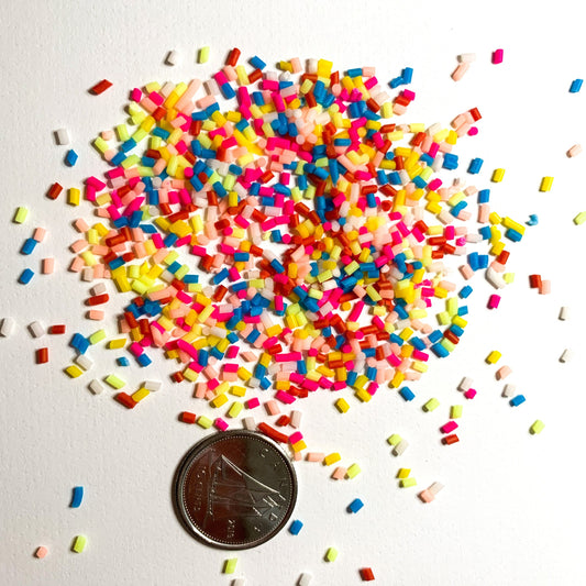tiny rainbow sprinkles of polymer clay on a white background with a dime used to show size reference. 