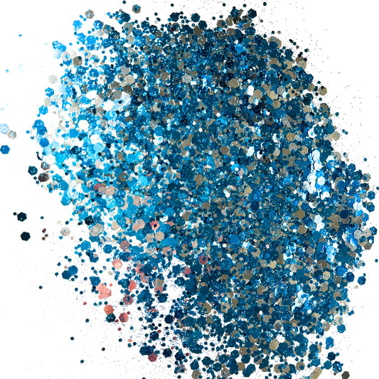 A silver and blue chunky glitter mix on a white background.