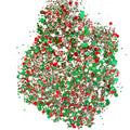 A close-up image of a red, white, and green mixed texture chunky glitter mix.