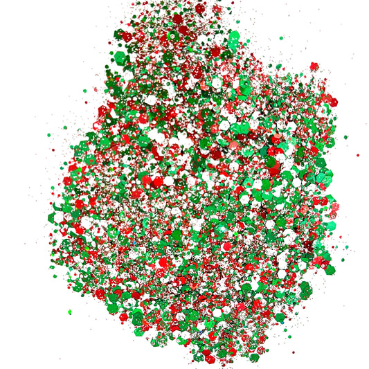 A close-up image of a red, white, and green mixed texture chunky glitter mix.