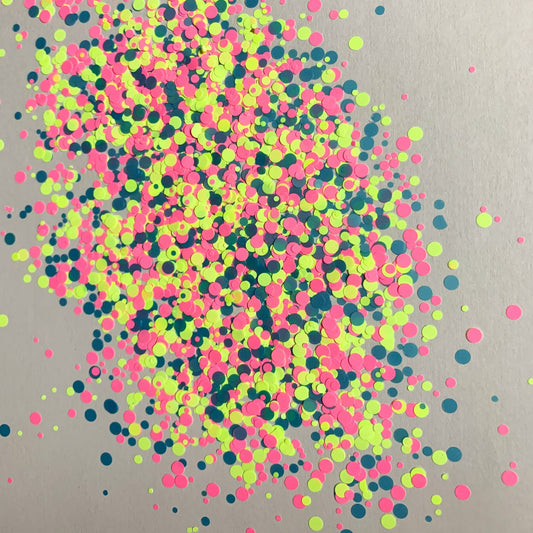 Pink, blue and yellow circle chunky glitter mix.