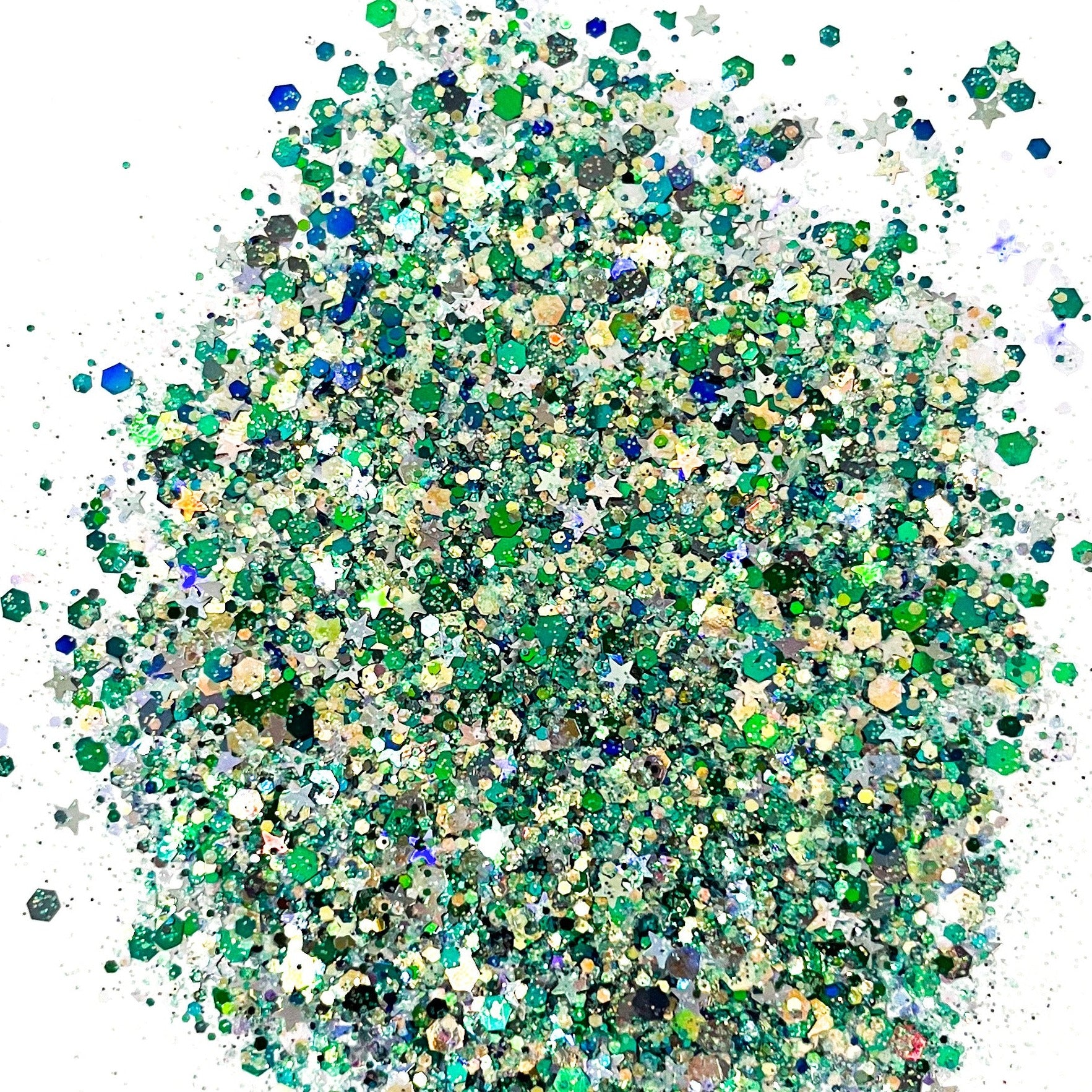 A pile of mixed colours of chunky glitter, including Aqua/White/Blue/Green/Silver/Gunmetal with Hexagons and Stars, on a white background.