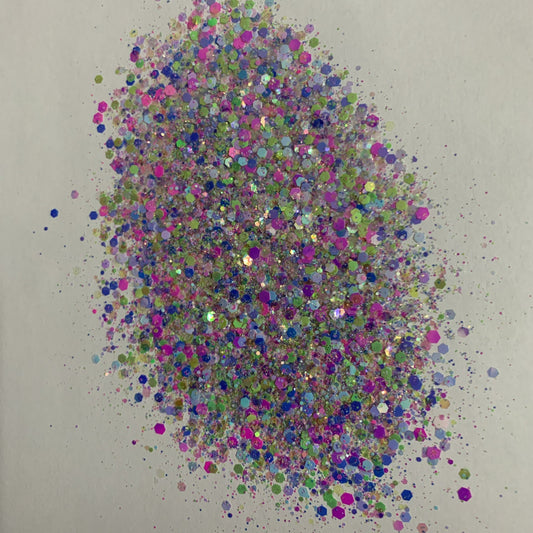 A colorful mixture of various sizes of glitter particles, including pink, green, blue, and silver colors.