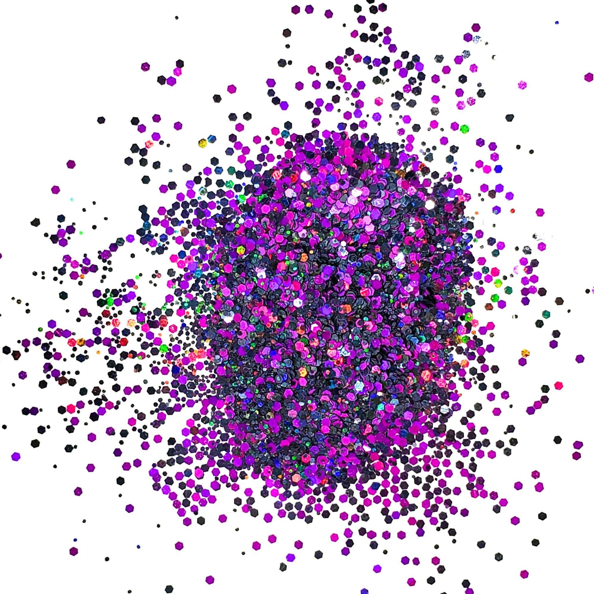 A pile of purple and black polyester glitter with a reflective surface.