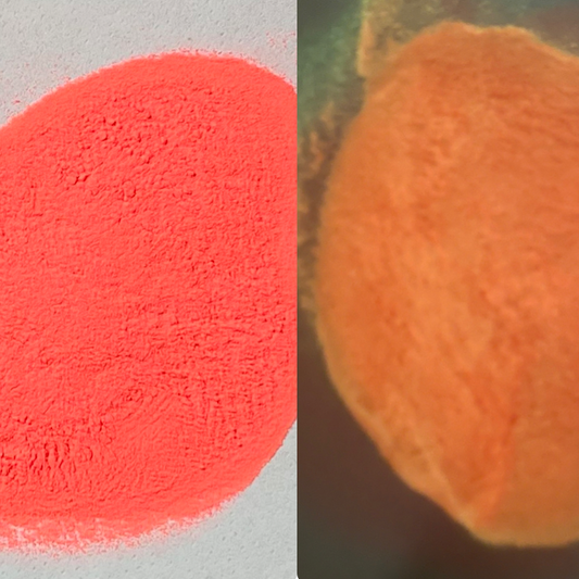 Two side-by-side images of glow powder, with the left image showing the powder in a bright orange color and the right image depicting the same powder in an orange color after glowing.