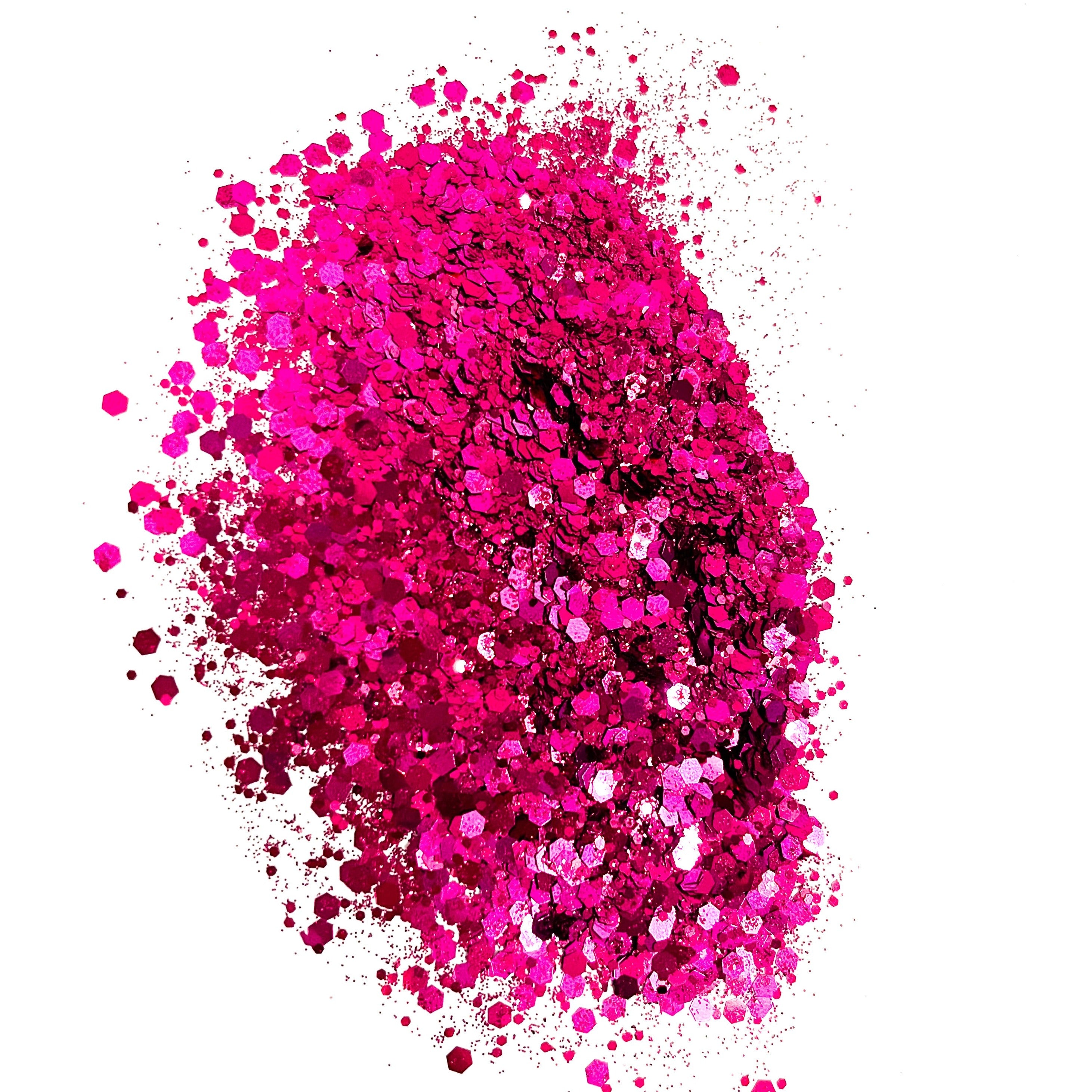 A pile of dark pink chunky glitter on a white background.