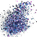 A mix of blue and purple chunky glitter spread out on a white background.