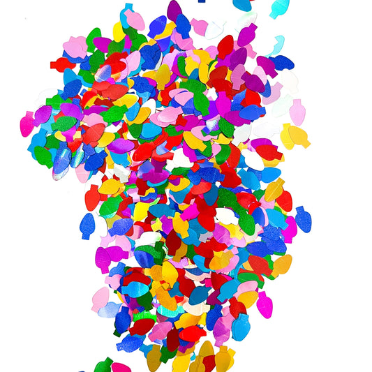 A collection of colorful bulb-shaped glitter confetti spread out against a white background.