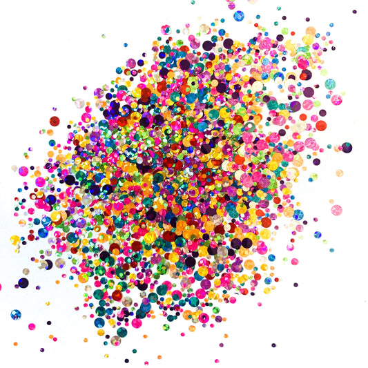 A colorful assortment of round glitter pieces in various colors including pink, yellow, green, blue, and red.