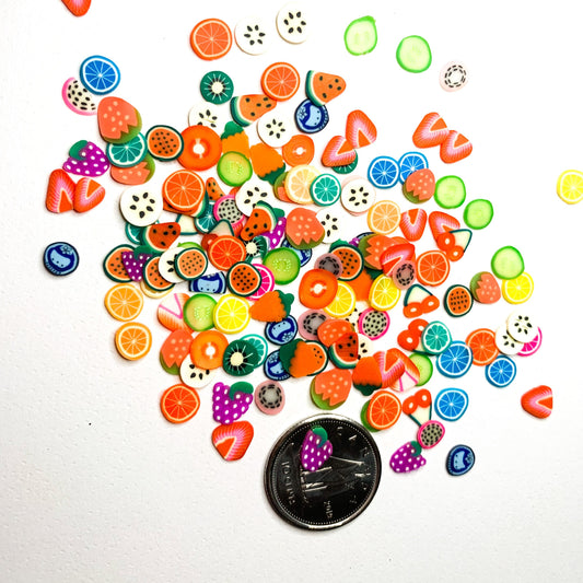 polymer clay fruit slices on a white background with a dime used to show size reference. 