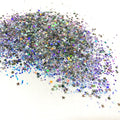 A holographic chunky mix of multicolored glitter with star shapes.