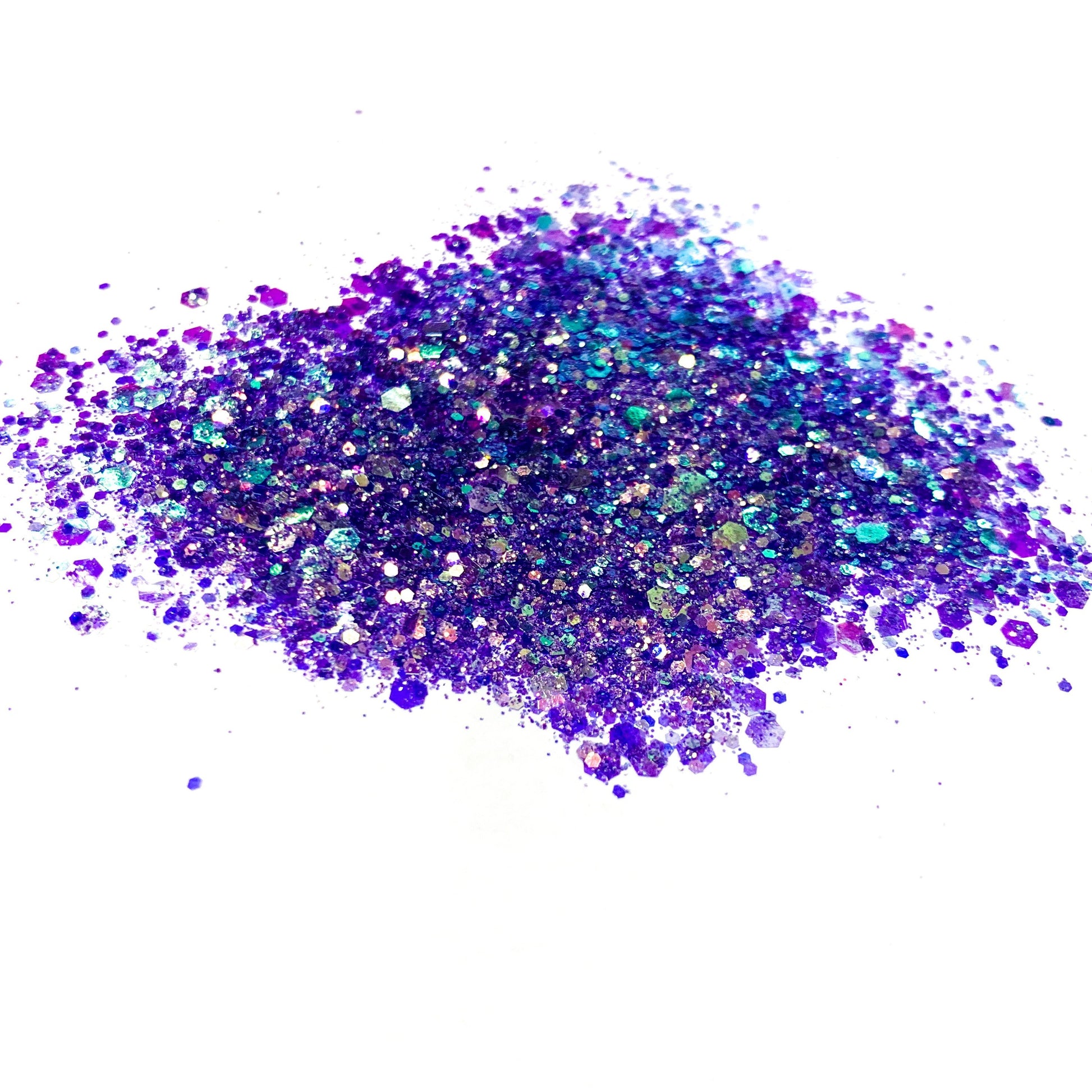 A purple chunky glitter mix on a white background.