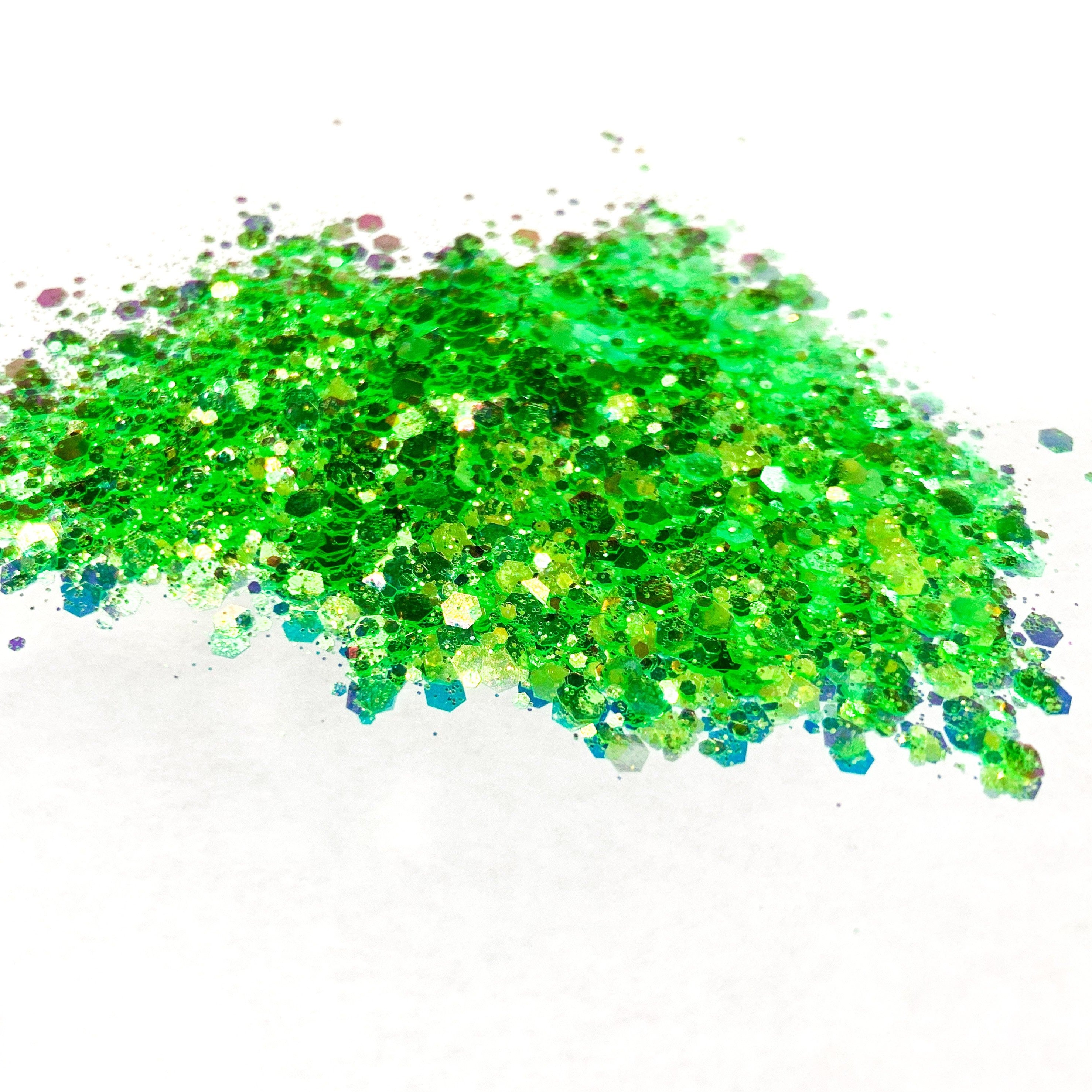 A green chunky glitter mix on a white background.