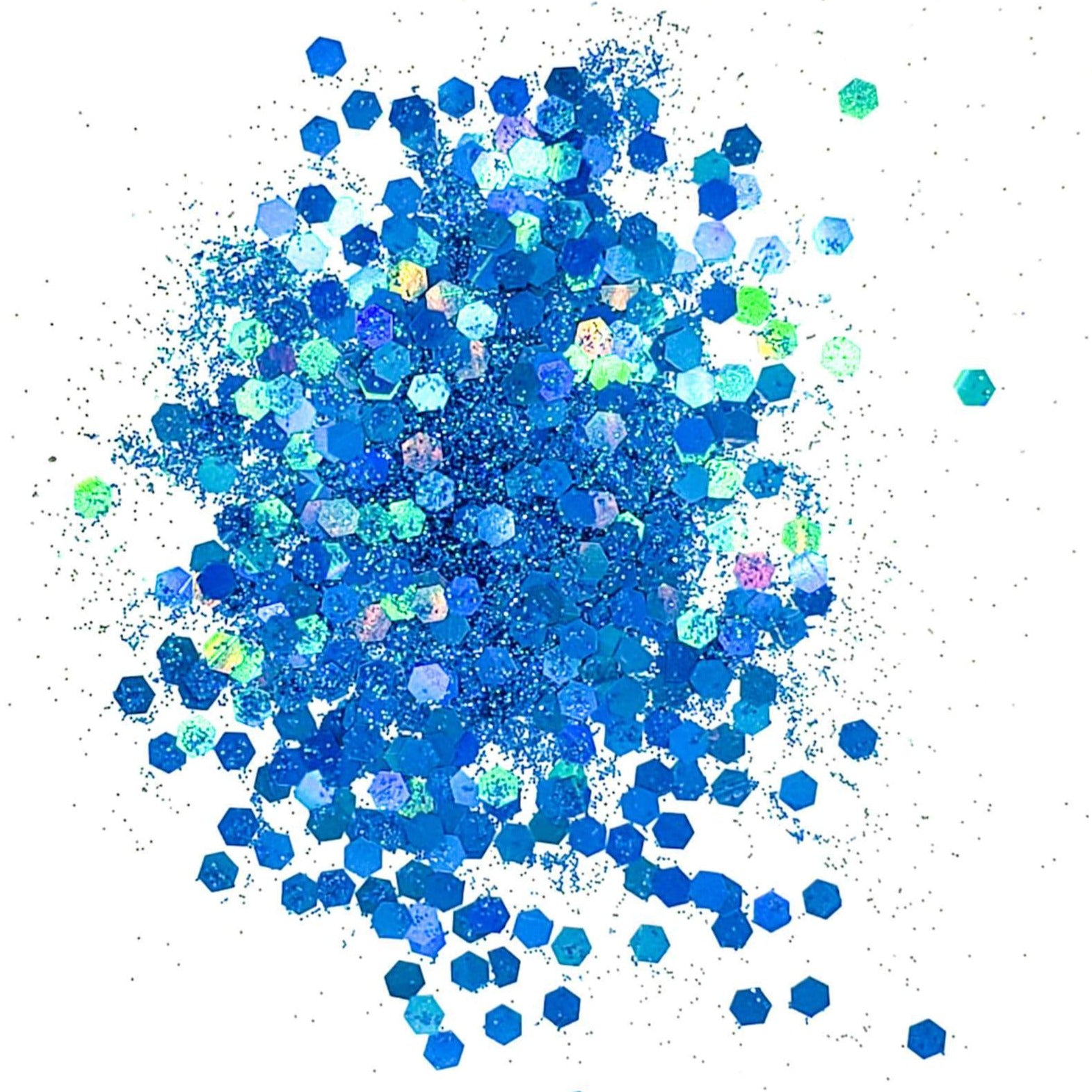 A blue holographic chunky mix on a white background.