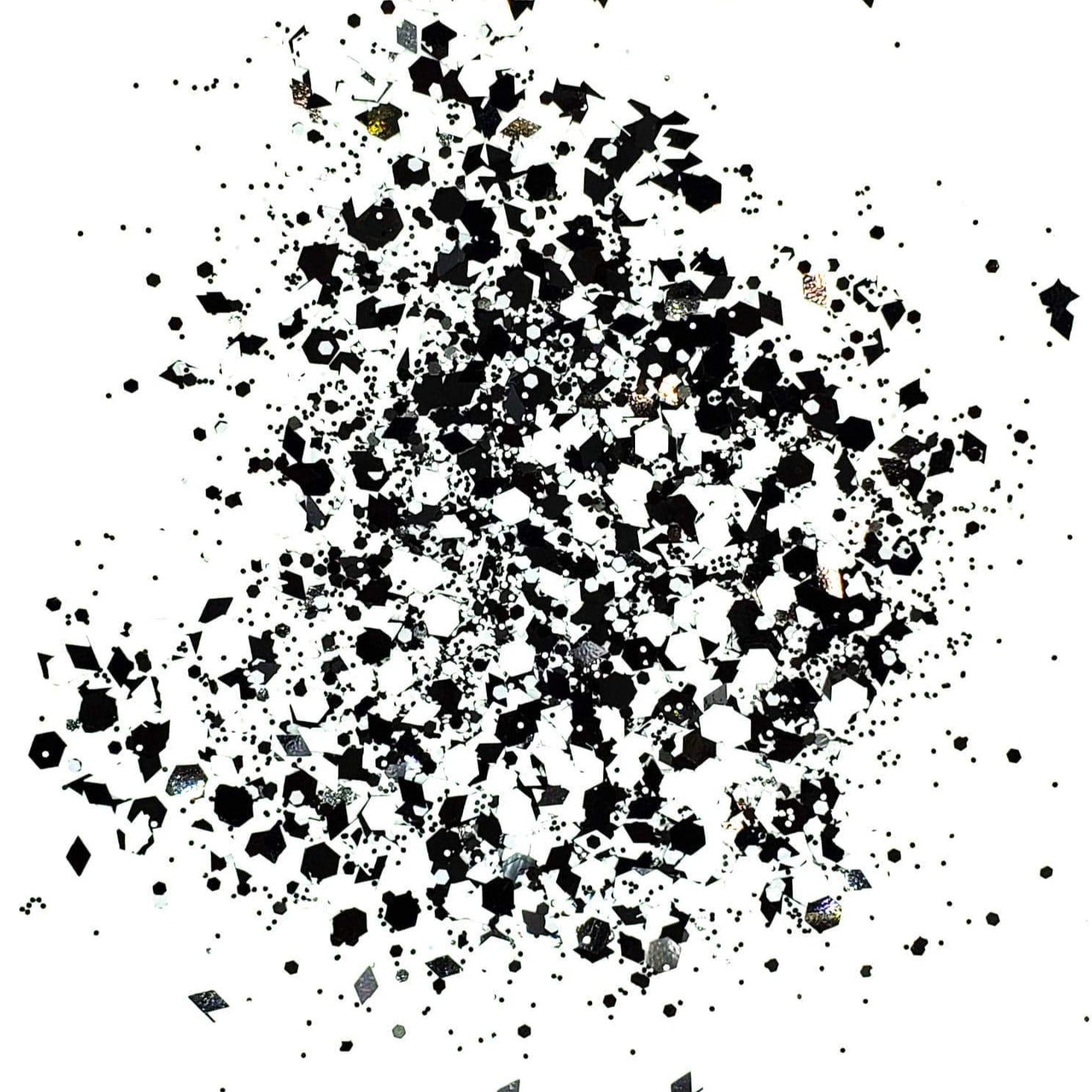 A close-up image of black and white chunky glitter mix.