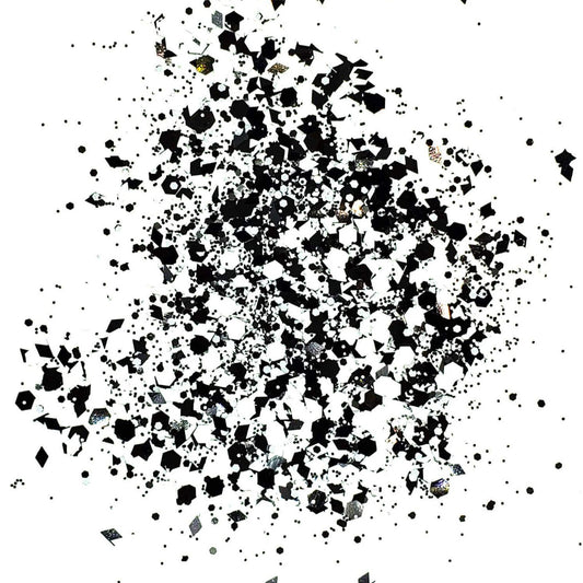 A close-up image of black and white chunky glitter mix.