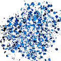 A mix of blue and white glitter pieces scattered on a white background.