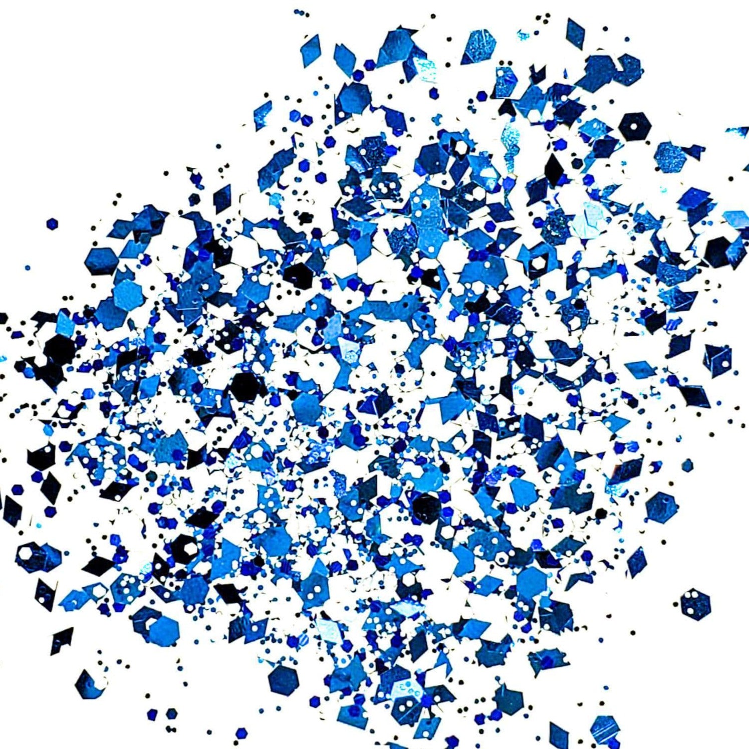 A mix of blue and white glitter pieces scattered on a white background.