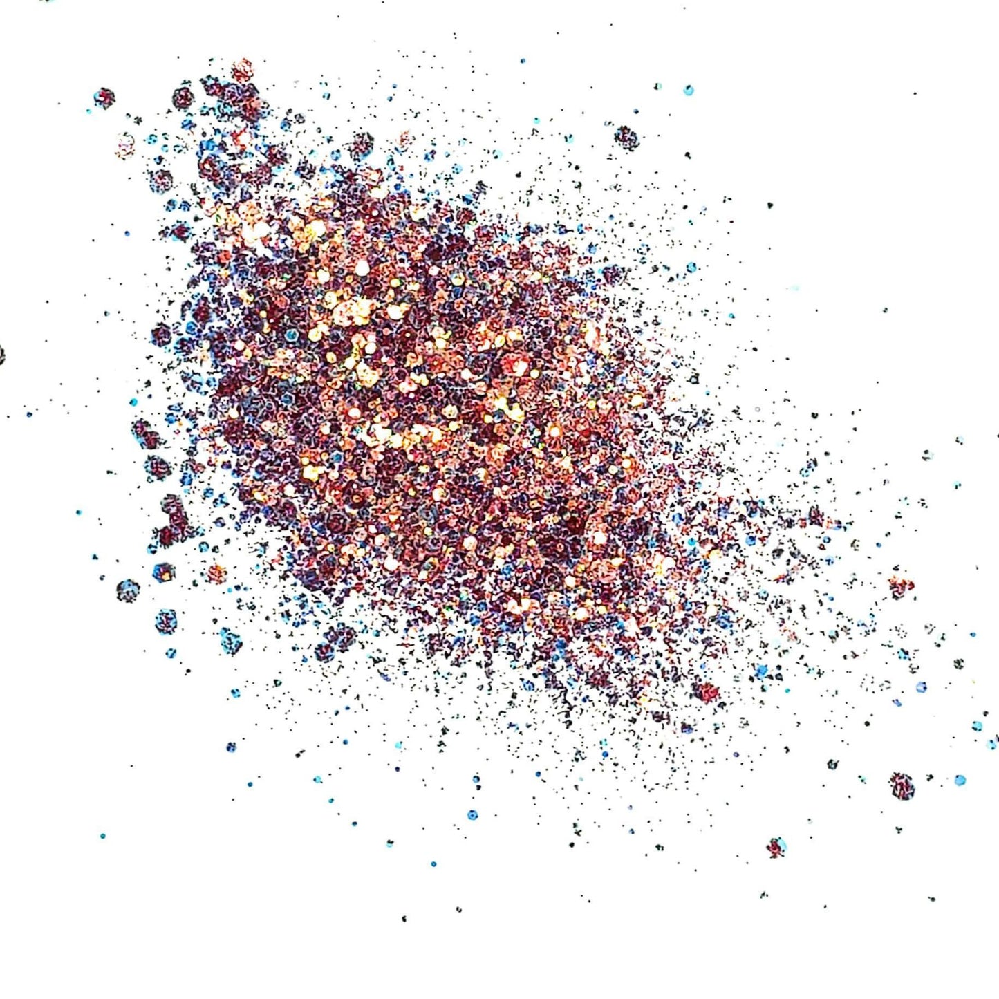 A scattered glitter mix of pink, gold, and blue hues on a white background, representing a product for arts and crafts.