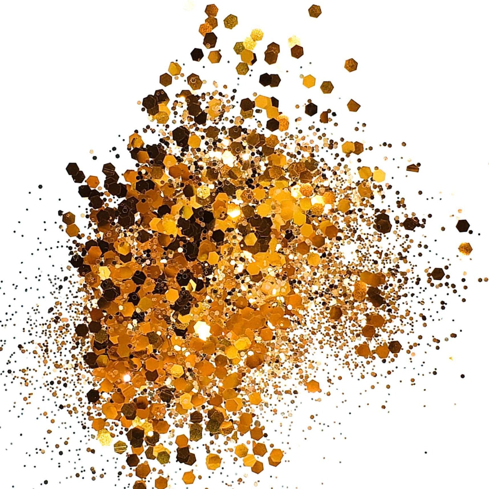 A cluster of bronze and copper colored round glitter pieces scattered on a white background.