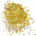 A pile of multicolored chunky glitter, predominantly gold holographic.