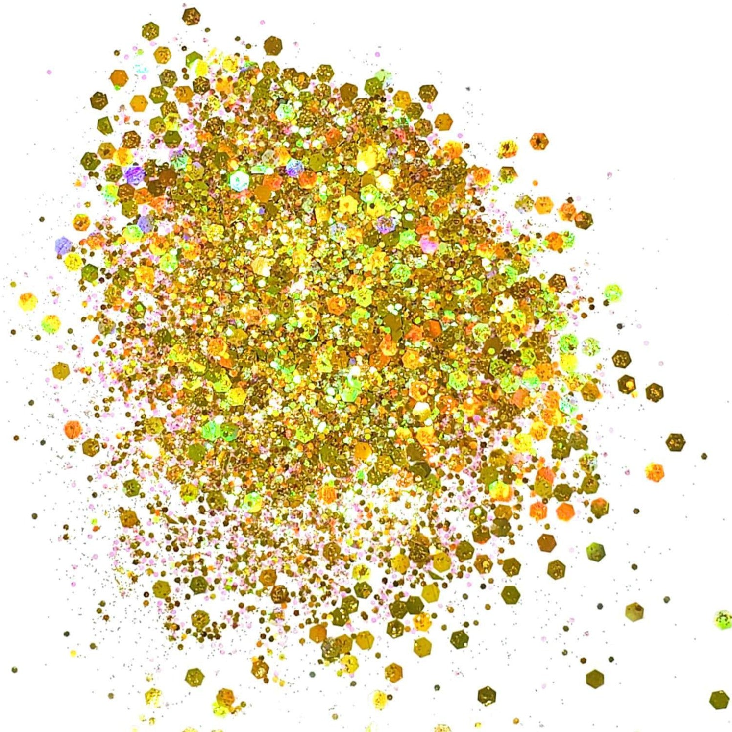 A pile of multicolored chunky glitter, predominantly gold holographic.