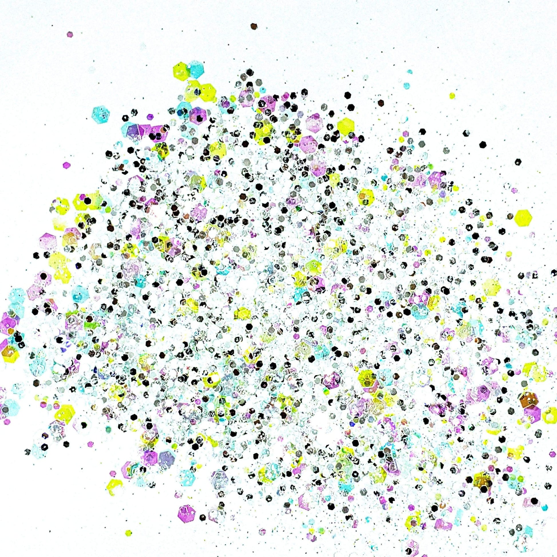 A close-up image of multicolored chunky glitter spread on a white background, including colors such as silver, gold, pink, blue, green, yellow, and purple.