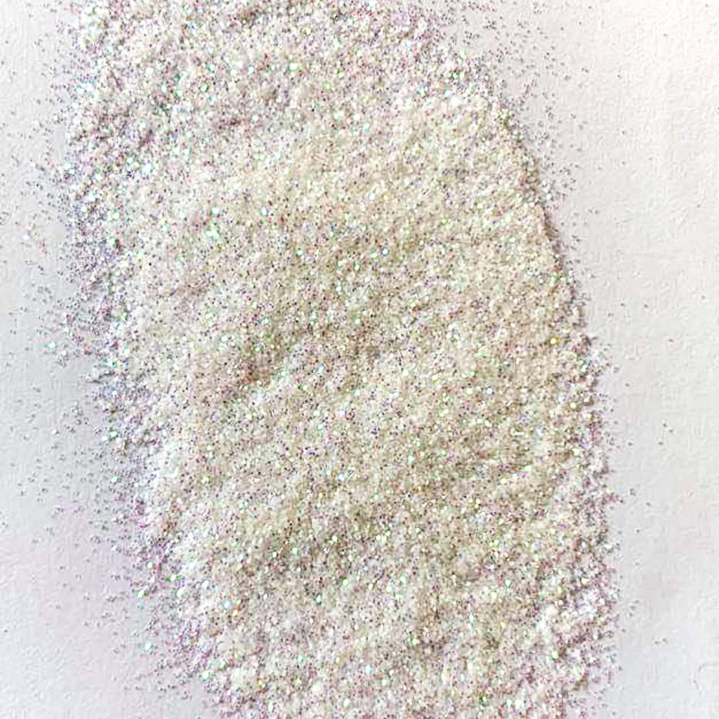 A white extra fine glitter on a white background.