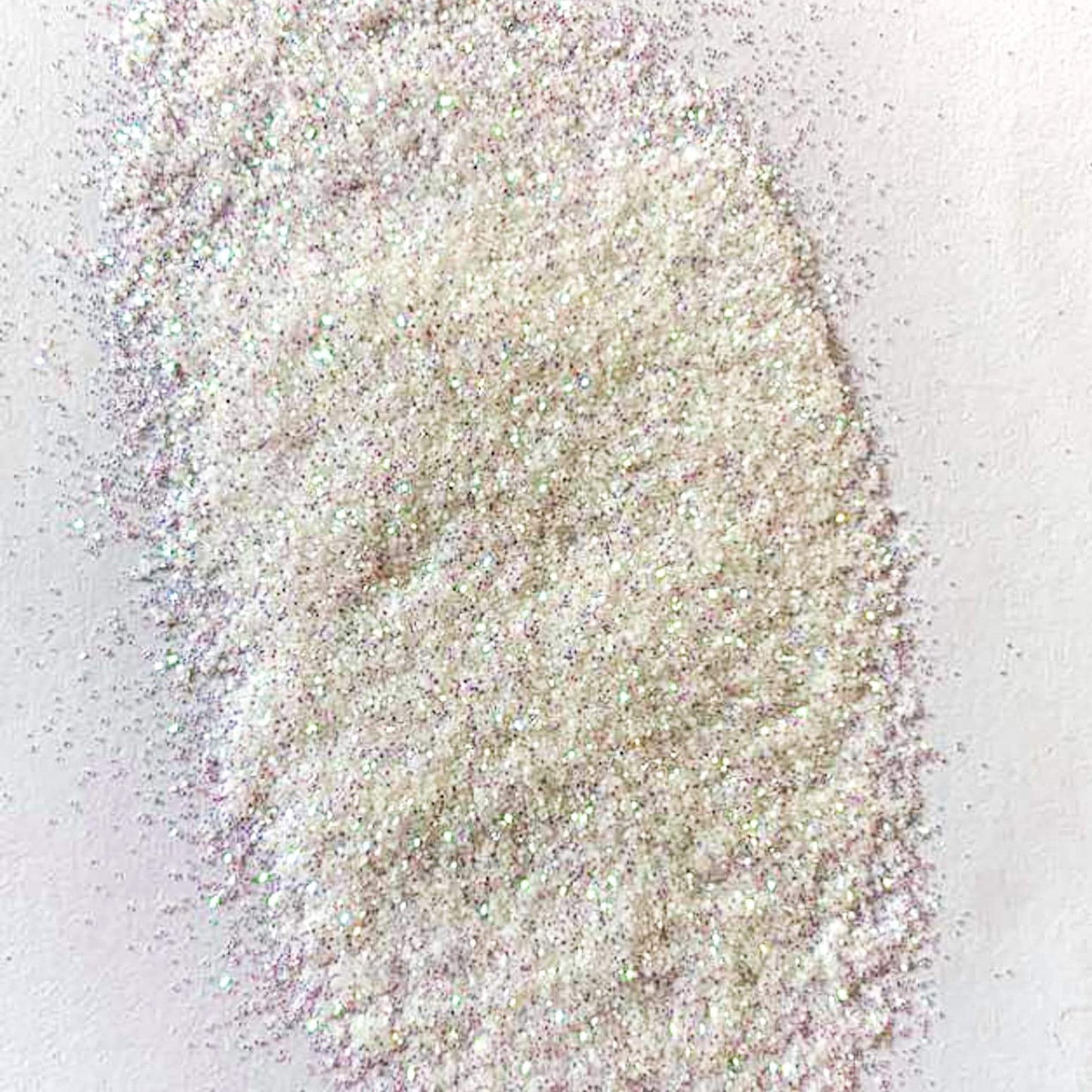 A white extra fine glitter on a white background.