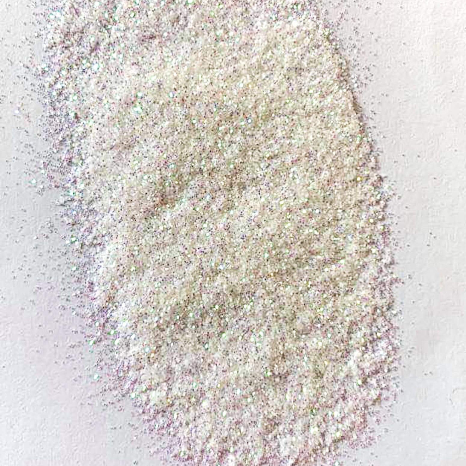 A white extra fine glitter on a white background.